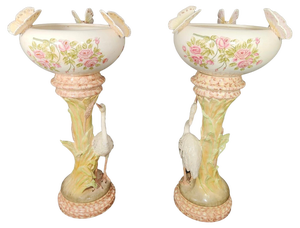 Large Columns with Heron and Papillons Flower Pots by Delphin Massier, Set of 2