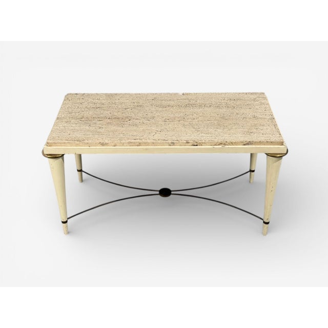 Neoclassical, Coffee or Cocktail Table, Travertine, Wood, Bronze, USA, 1960s A petite Neoclassical style painted wood and...