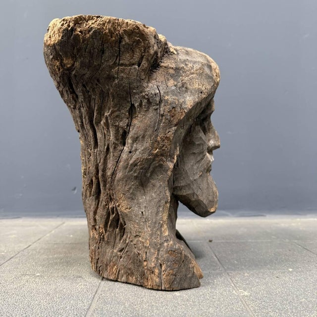 Head Carved from Wooden Trunk, 1950s For Sale - Image 9 of 16