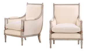 A Pair of Louis XVI Style Grey Painted and Partial Gilt Wood Upholstered Bergère Chairs, C. 1940.