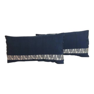 Vintage Blue and Silver Woven Obi Textiles Lumbar Pillows - A Pair For Sale