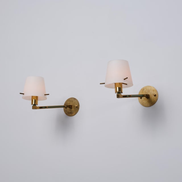 Italian Brass, Green Metal and Opaline Glass Wall Sconces, 1950s, Set of 2 For Sale - Image 4 of 14