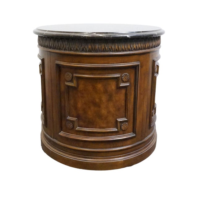 Brown Drexel Furniture Talavera Collection Contemporary Neoclassical Tuscan Style 30" Round Drum Accent Storage End Table W. Granite Top For Sale - Image 8 of 10