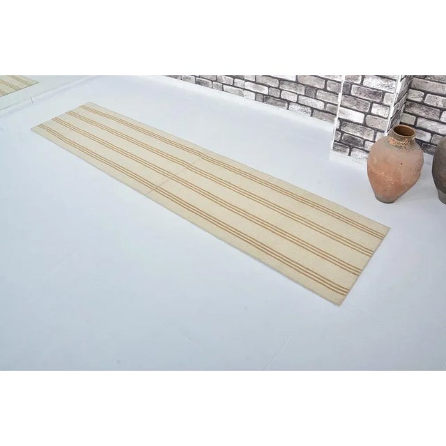 Beige and Copper Color Striped Kilim Runner Rug For Sale - Image 6 of 11