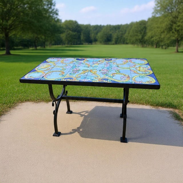 Metal Handcrafted Coffee Table with Hand-Painted Majolica Ceramic Top and a Wrought Iron Base, 2000-2010 For Sale - Image 7 of 10