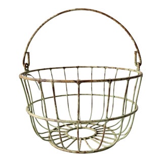 Vintage Verdigris Wire Egg Gathering Basket With Swing Handle For Sale