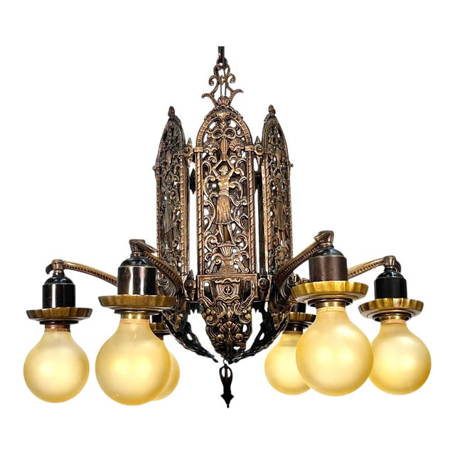 1920s Cast Bronze 6 Light Chandelier With Ladies and Revived Original Finish #2596 For Sale