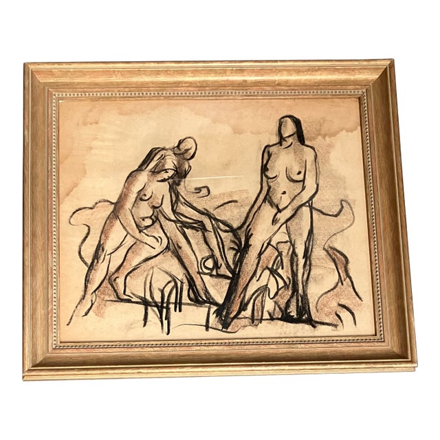 1940’s Original Art Deco Abstract Charcoal 3 Nudes With Dog Study Drawing Vintage Frame For Sale