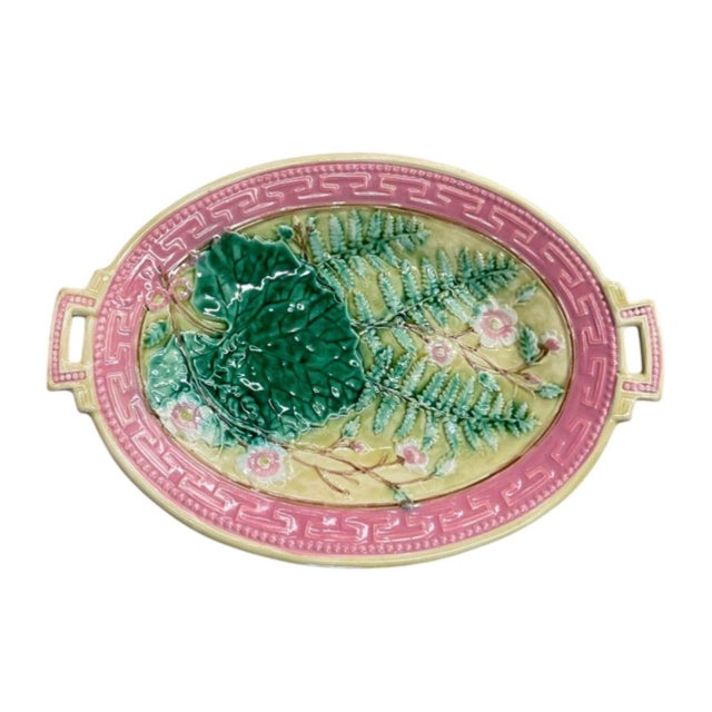 Victorian Antique Victorian Majolica Oval Pedestal Dish With Botanical & Greek Key Motif For Sale - Image 3 of 12