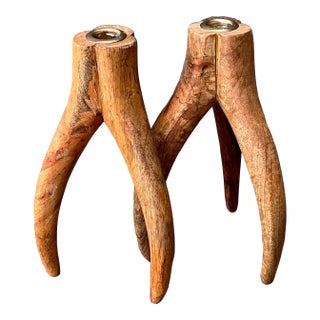 Vintage Carved Wood and Brass Antler Candlesticks - A Pair For Sale