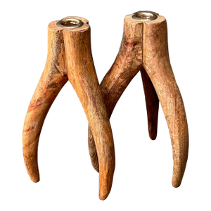 Vintage Carved Wood and Brass Antler Candlesticks - A Pair