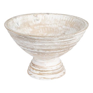 Boho Whitewashed Wood Pedestal Serving Bowl For Sale