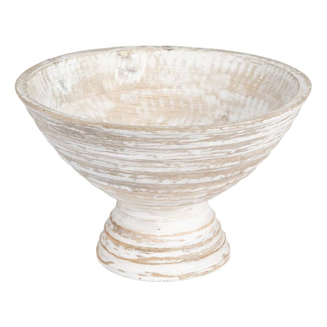 Boho Whitewashed Wood Pedestal Serving Bowl For Sale