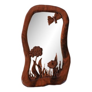 Vintage Hand Carved Wood Mirror W/ Flowers and Butterfly For Sale