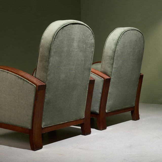 Art Deco Lounge Chairs in Sage Upholstery with Oak Frames, Netherlands, Set of 2 For Sale - Image 6 of 9