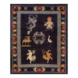 1940s Blue Navy Animalia Antique Chinese Tibetan Rug 8' X 10' Handknotted Wool Carpet