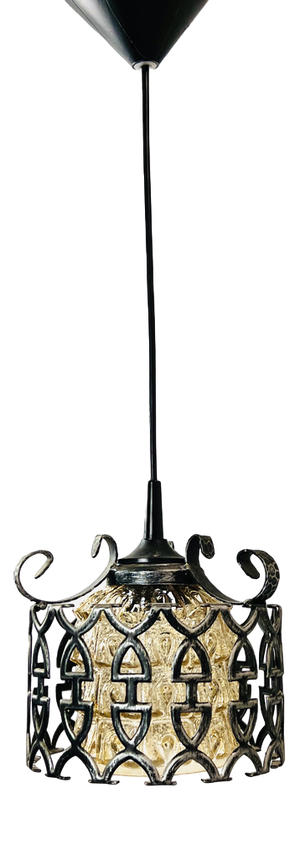 Brutalist Wrought Iron and Glass Pendant Lamp, 1970s