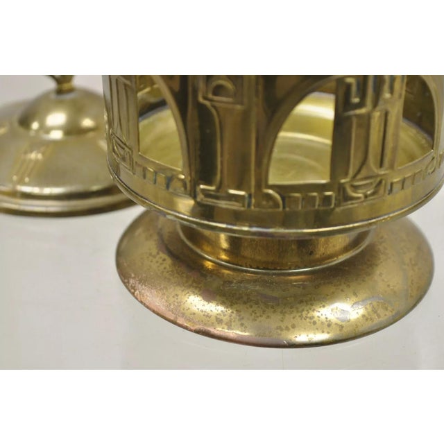 Gold Antique German Art Nouveau Brass Metal Pickle Castor With Etched Glass Insert For Sale - Image 8 of 11