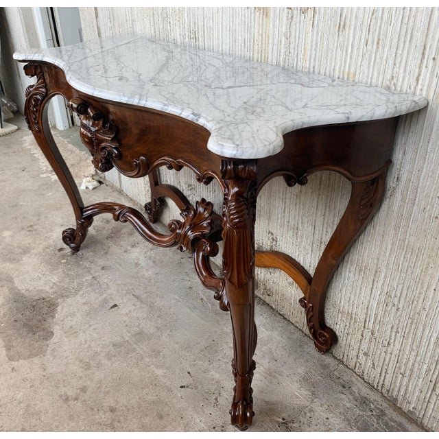 Early 20th Century Large French Regency Carved Walnut Console Table with White Marble Top '2 Avai' For Sale - Image 4 of 18