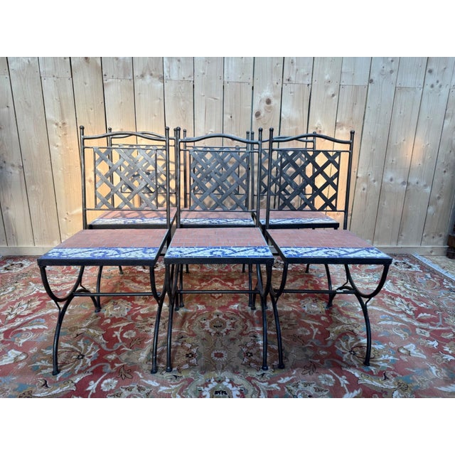 Mediterranean Style Wrought Iron and Cement Mosaic Garden Chairs, 1980s, Set of 6 For Sale - Image 11 of 11