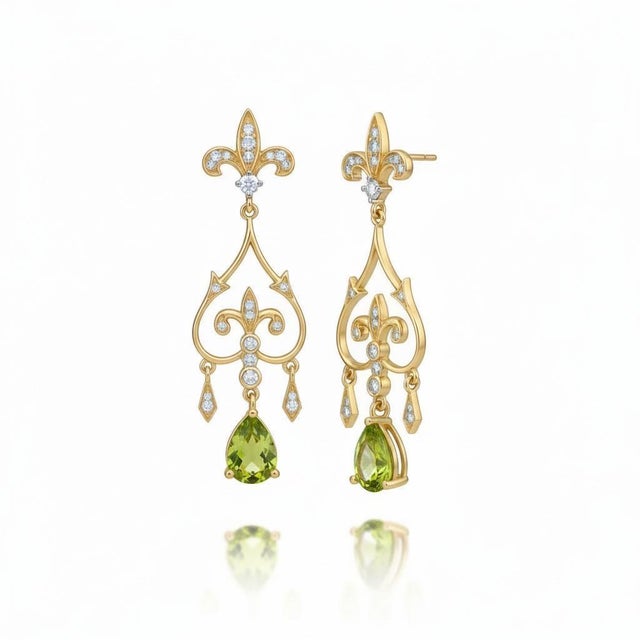 Silver, Gold Fleur de Lis Earrings with peridot and colorless topazes. Vintage Inspired Statement Earrings. Weight: 4.5 gr...
