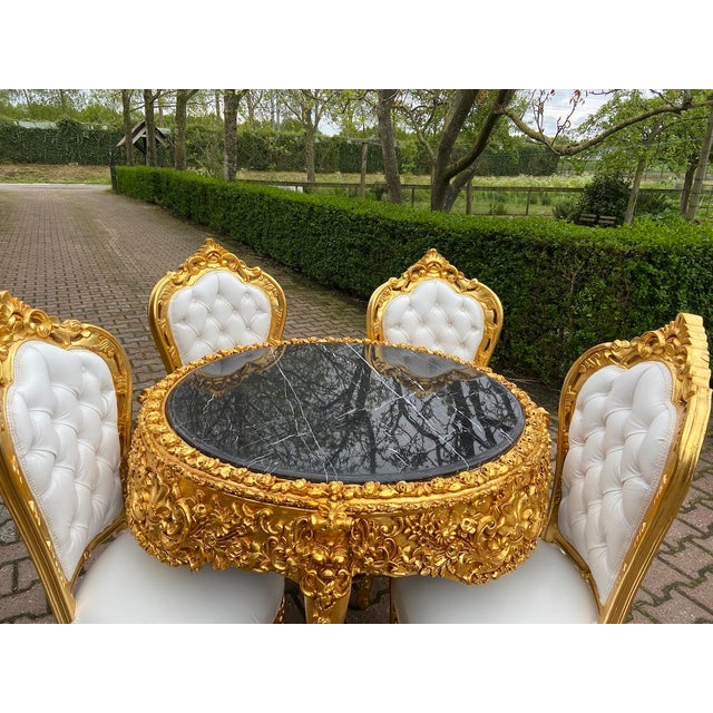 1970s Italian Baroque Gold Marble Leather Dining Set 5Pc For Sale - Image 6 of 18