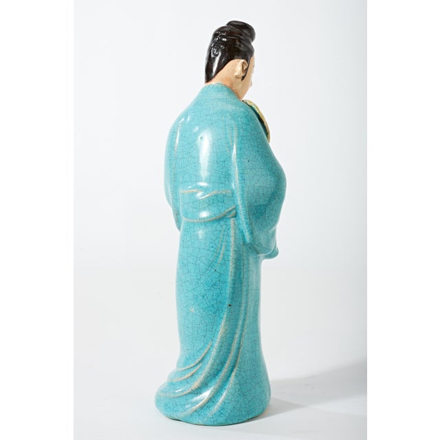 Ceramic Early 20th Century Chinese Figurine of Lady in Blue With Fan For Sale - Image 7 of 17