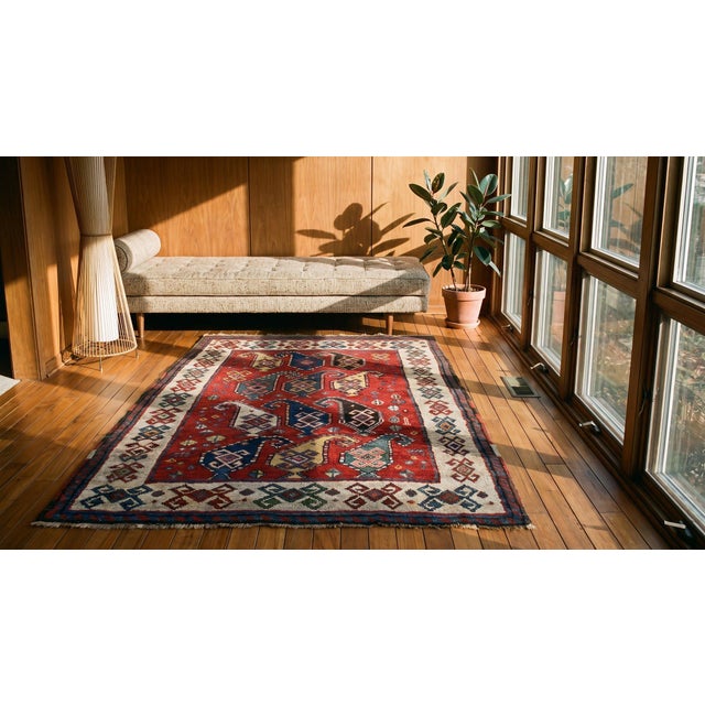Textile 1880s Red Geometric Tribal Antique Handknotted Caucasian Kazak Rug 3'6" X 5'8" Wool Carpet For Sale - Image 7 of 9