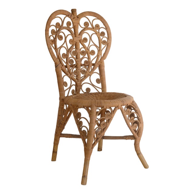 Vintage 1970s Boho Bamboo & Rattan Heart Back Chair For Sale