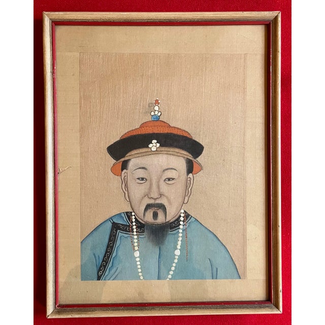 Antique 19th century Chinese painting on silk, portrait of a gentleman. Paint pigments on silk square laid on silk panel...
