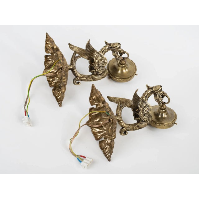 1950s Spanish Gothic Revival Brass Dragon Wall Sconces With Opal Glass Shades - A Pair For Sale - Image 6 of 9