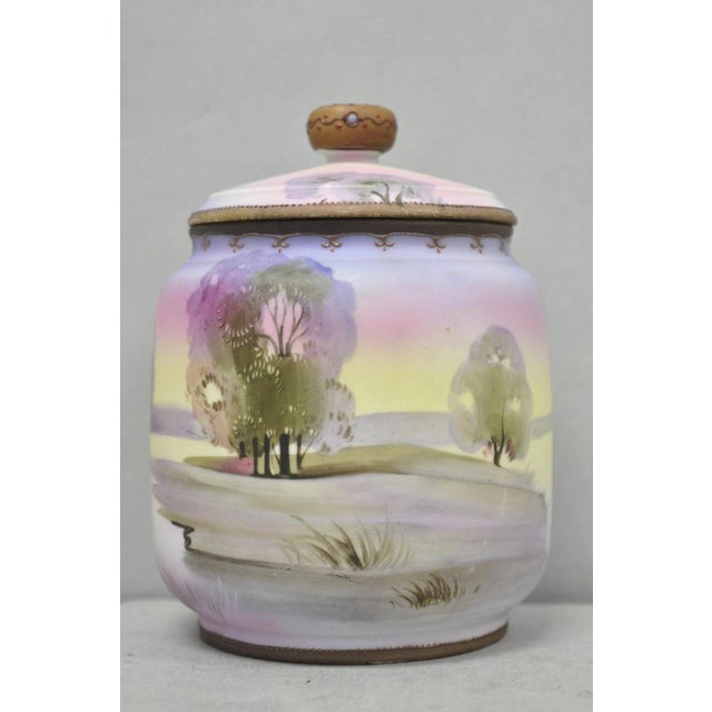 Chinoiserie Antique Nippon Hand Painted Porcelain Countryside Lake Scene Covered Biscuit Jar For Sale - Image 3 of 17