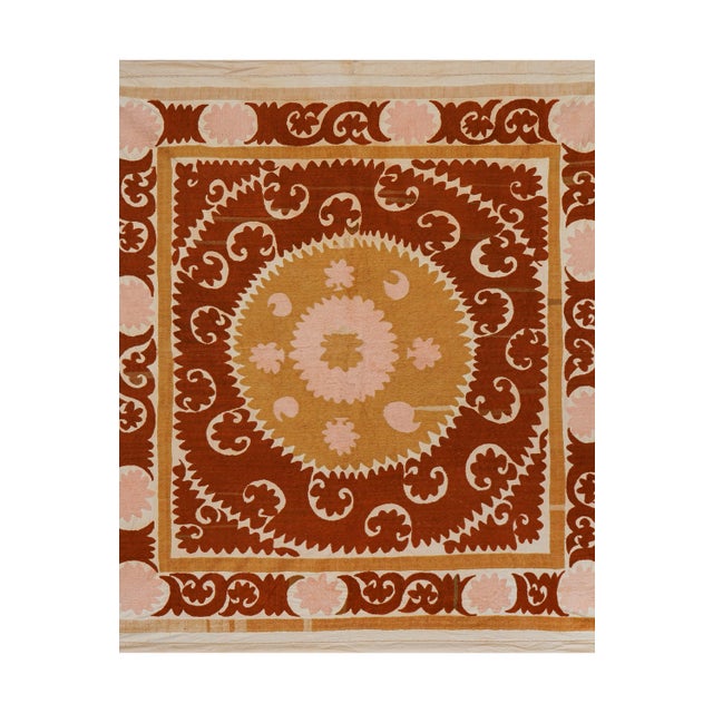 1960s Uzbek Suzani: Rust & Pink Embroidered Cotton Textile 4'3'' X 4'4'' For Sale - Image 5 of 12