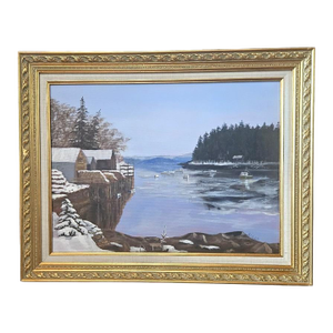 Winter Harbor Snow Scene Original Painting on Canvas, Signed Allen – Framed Coastal Landscape 29½" X 24"