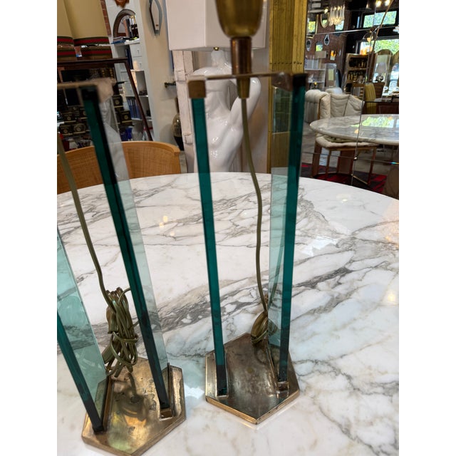 1970s Fontana Arte Style Brass and Blue Glass Table Lamps - a Pair For Sale - Image 12 of 12