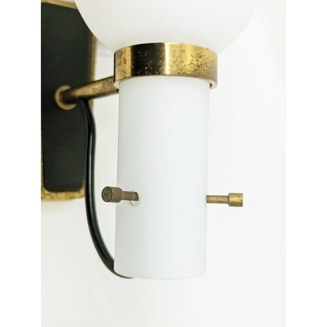Mid-Century Italian Black Metal, Brass and Opaline Glass Sconces, 1950s, Set of 2 For Sale - Image 17 of 18