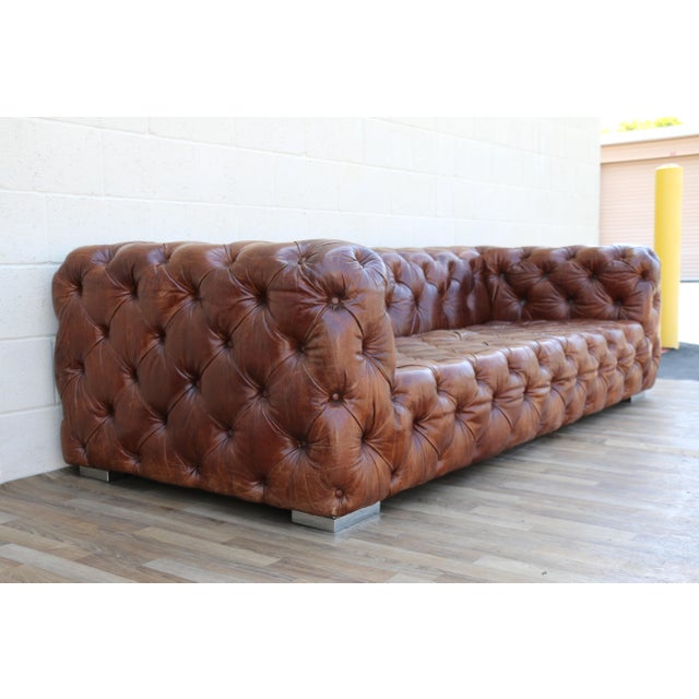 Restoration Hardware Vintage Tufted Brown Distressed Leather For Sale - Image 4 of 18