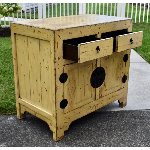 Chinese Wood Painted Cabinet Ming Style Distressed Yellow For Sale - Image 12 of 16