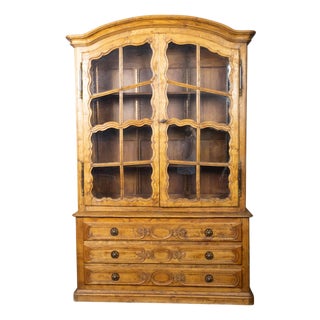 French Chapeau de Gendarme 19th Century Carved Elm Cabinet with Glass Doors For Sale