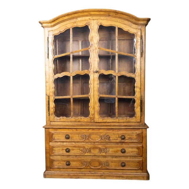 French Chapeau de Gendarme 19th Century Carved Elm Cabinet with Glass Doors For Sale