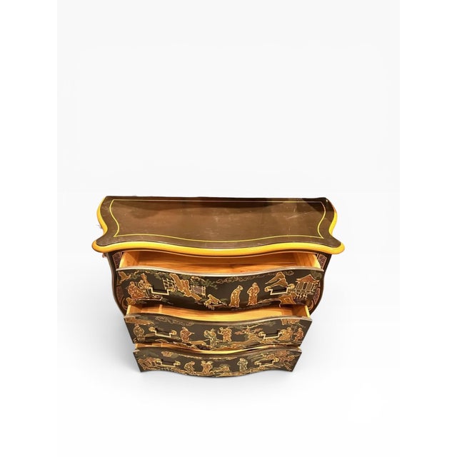 Wood Vintage Drexel Et Cetera Chinoiserie Black Lacquer Serpentine Chest of Drawers For Sale - Image 7 of 11