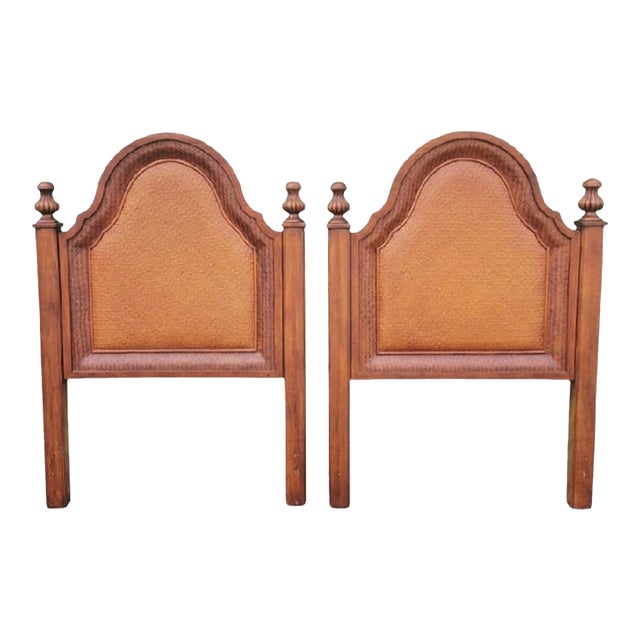 Vintage Stanley Furniture Solid Wood Wicker Arched Pagoda Style Twin Size Headboards- a Pair For Sale
