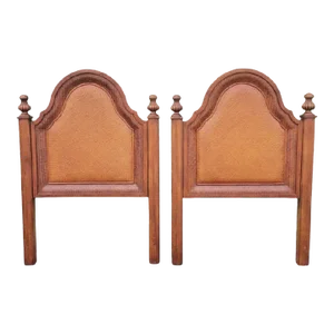Vintage Stanley Furniture Solid Wood Wicker Arched Pagoda Style Twin Size Headboards- a Pair