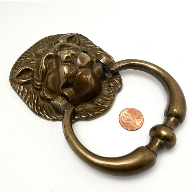 Metal Antique English Brass Lion Door Knocker For Sale - Image 7 of 9