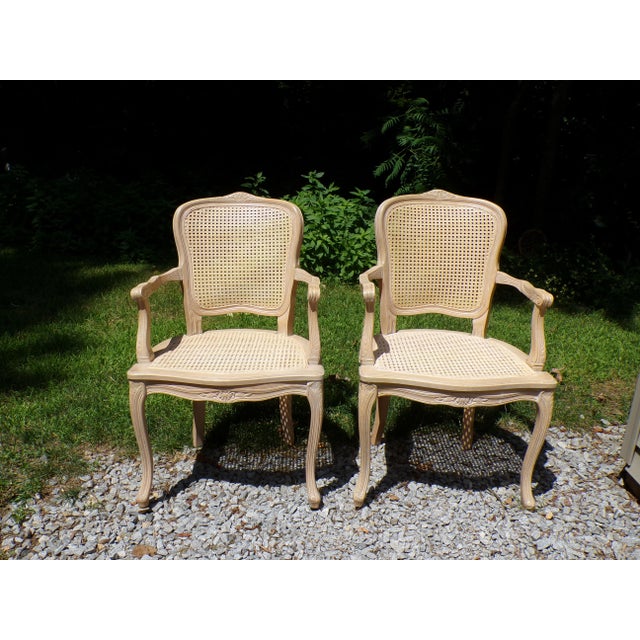 Italian Vintage Pair Harris Marcus Italian Double Cane Arm Chairs Carved Accent Chairs For Sale - Image 3 of 18