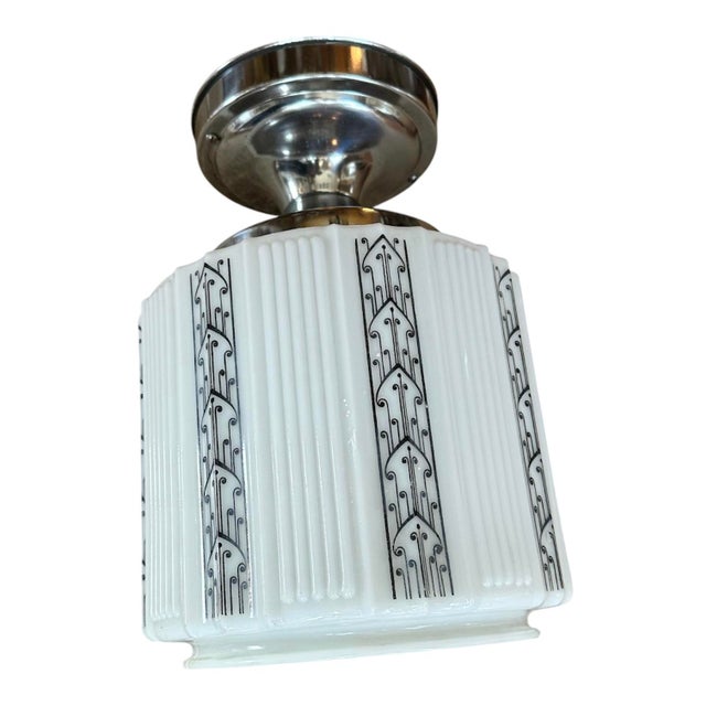 1930s Art Deco Skyscraper Flushmount With Black Stencil on Original Chrome Holder, Circa 1930 For Sale - Image 5 of 5