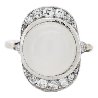 Art Deco Gold Moonstone Diamond Ring, Size 7 For Sale