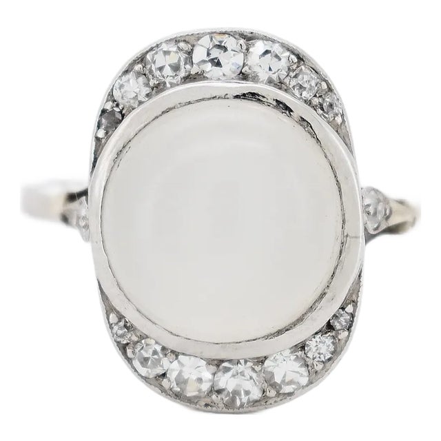 Art Deco Gold Moonstone Diamond Ring, Size 7 For Sale