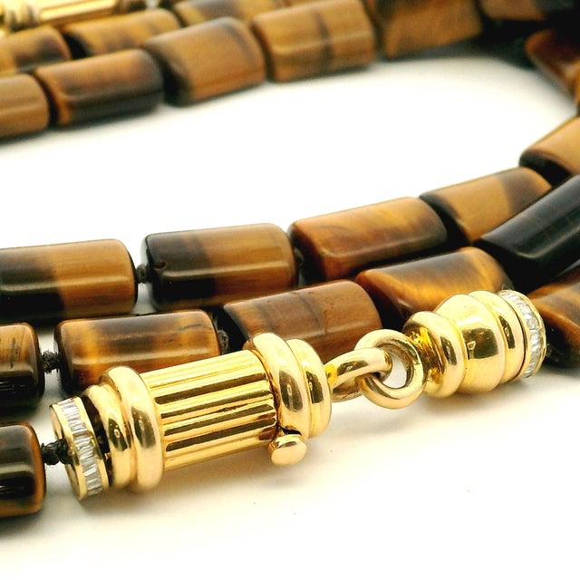 1980s Italian 14k Gold Tiger’s Eye Diamond Sautoir Necklace For Sale - Image 4 of 15