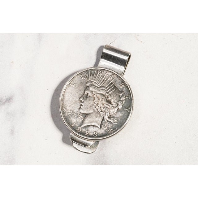 American Americana Lady Liberty America Art 1923 Peace Dollar Coin Mounted Antique Sterling Silver Money Cash Clip For Sale - Image 3 of 10